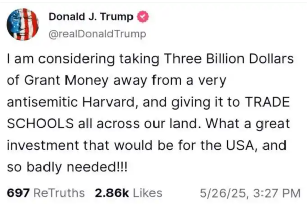 股票配资一览表最新 特朗普与哈佛矛盾升级：考虑将30亿美元拨款转发给职业学校